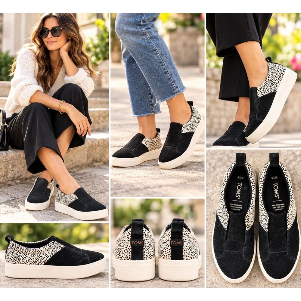 TOMS Amber Black Suede & Mini Cheetah Slip-On Platform Sneakers - Women's 7.5